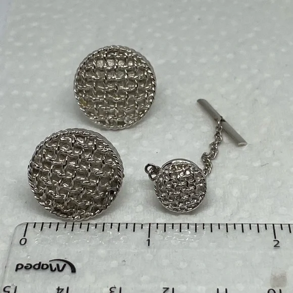 TEXTURED round cufflinks set silver toned classic - Picture 6 of 6